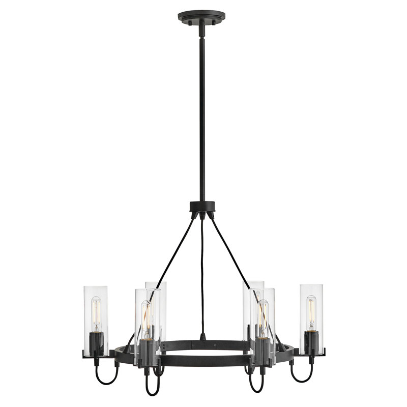 Lustre six lumières 28 po avec abat-jour en verre transparent Ryden, Noir