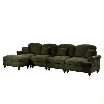 Classic Three Seater Modular L Shaped Sectional Couch With Flared Arms And Removable Ruffles Pleats Skirts And Spindle Legs, Comfy Chenille Four-Seat Deep Seat Sofa With Movable Ottoman