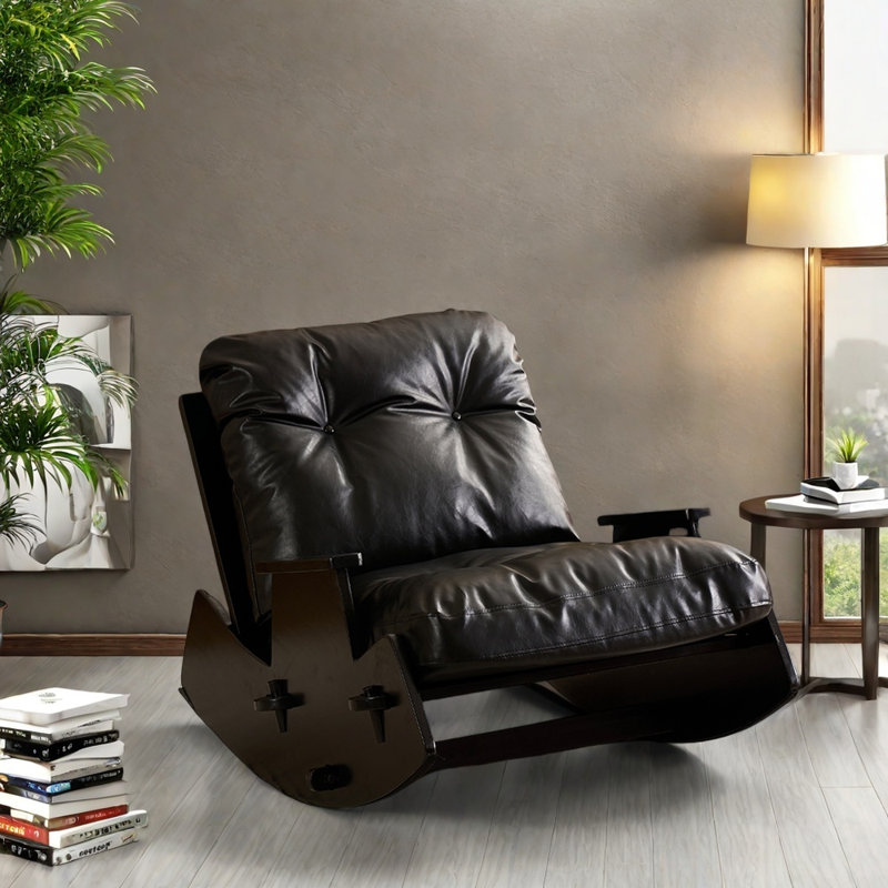 Chaise berçante en bois massif et cuir huilé