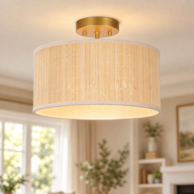 Dimmable Rattan Drum Shade Semi Flush Mount Ceiling Light with Gold Finish