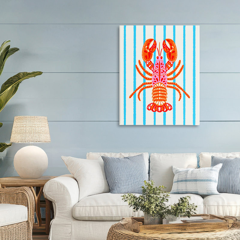 Homard boho vif sur toile rayée, design par Indira Prieto | IndySign, H 40 po x l 30 po