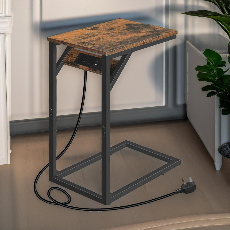 Hargaden Industrial C Shaped Side Table with Built In Power Outlets End Table Living Room