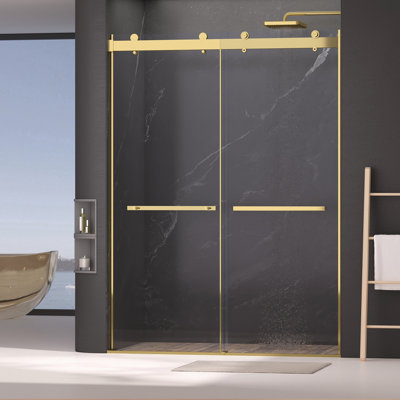 Double porte de douche sans cadre coulissante l 56 à 60 po x H 75 po, porte de douche coulissante avec porte de douche en verre trempé transparent de 5/16 po (8 mm), conception silencieuse à fermeture en douceur, salle de bain facile à nettoyer, or brossé