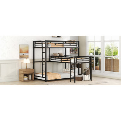 L-shaped Metal Triple Twin Size Bunk Bed, Black(OLD SKU:MF285891AAB)