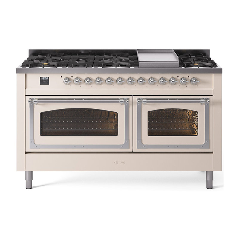 ILVE Nostalgie II Noblesse 60 in Dual Fuel Range, 9 Burner, Griddle, Antique White/Chrome, Natural Gas
