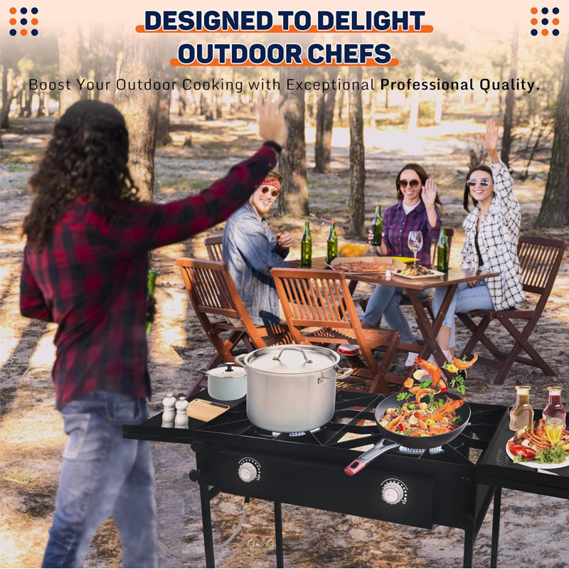 2 Burner Propane Stove Outdoor Gas Stove -150,000 High Btu Propane Burner Camping Stove W/Detachable Legs & Dual Side Shelf Double Burner Propane Stove Outdoor W/Csa-Approved 0-20 Psi Regulator & Hose