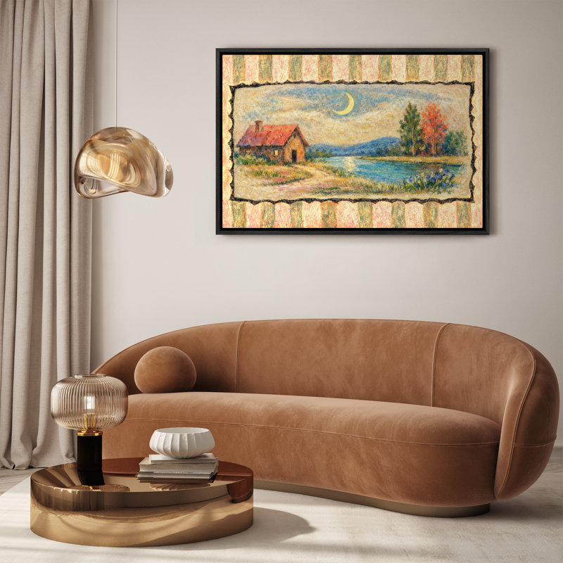 «Whimsical Countryside Cottage by the River Under Crescent Moon», reproduction d'art encadrée, H 16 po x l 24 po, Noir