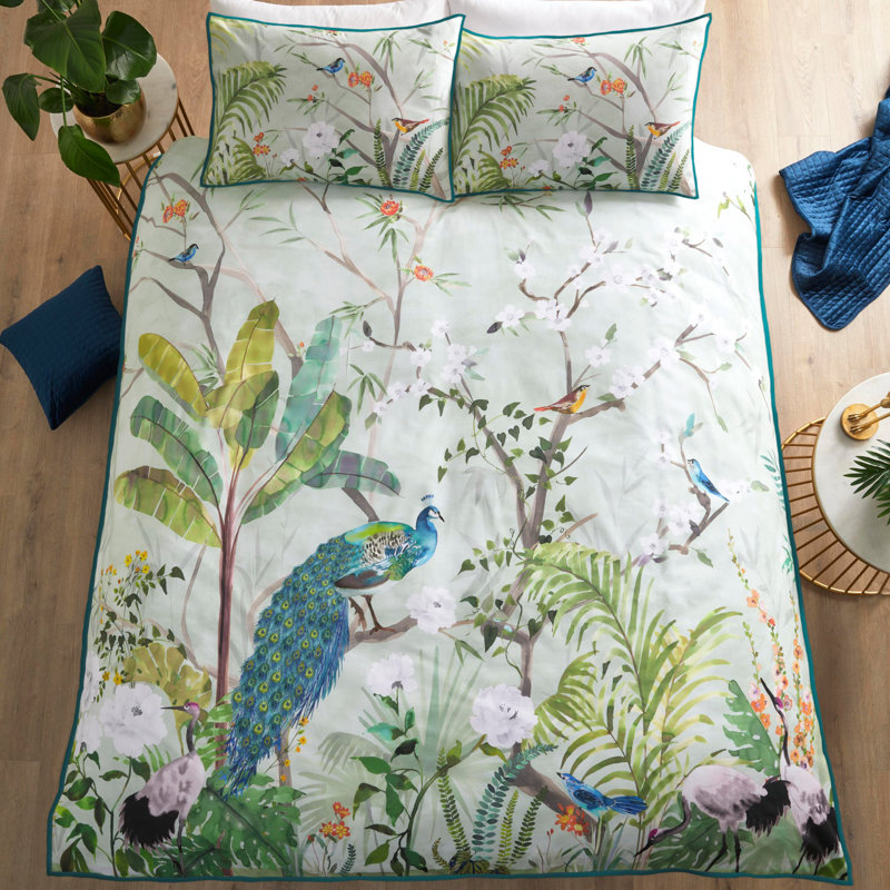 Peacock Jungle Cotton No Pattern Duvet Cover Set with Pillowcases Included, Kingsize - 2 Standard Pillowcases