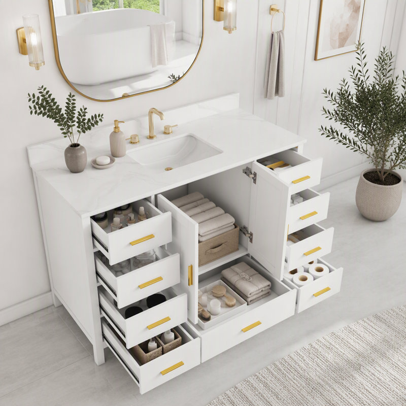 Single Bathroom Vanity with Quartz Top, White, L 49 po