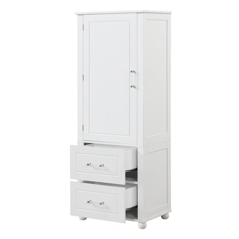 Grande armoire de rangement pour salle de bain, armoire de rangement autoportante avec deux tiroirs et tablette réglable, panneau de fibres à densité moyenne avec finition peinte, blanc