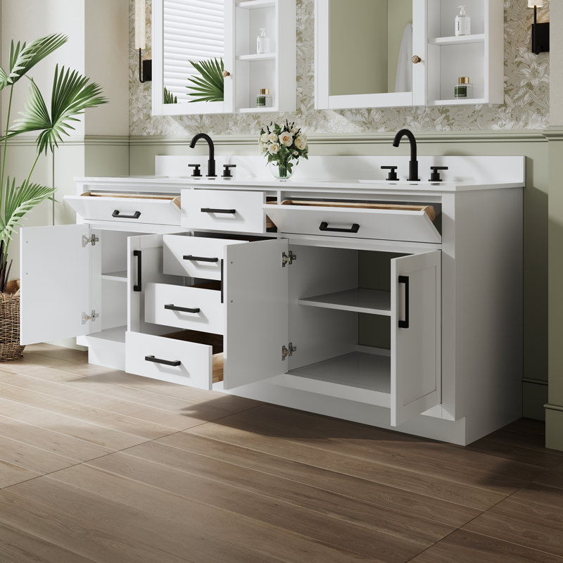 Meuble-lavabo autoportant en bois massif l 80 po x H 35 po avec comptoir en marbre de culture blanc et double lavabo en céramique, blanc
