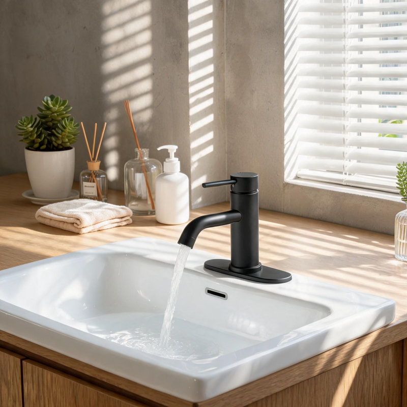 Robinet de salle de bain à trou unique en acier inoxydable noir 7 pouces avec jet d'eau