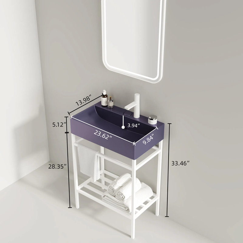 Meuble-lavabo autoportant avec lavabo en céramique, Blanc, Mauve