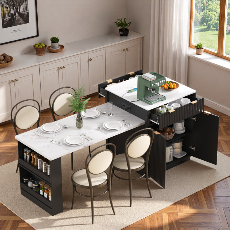 Fluted Kitchen Island With Extendable Dining Table, Power Outlet,  Double-side Storage, 2 Drawers And 2 Side Open Shelves