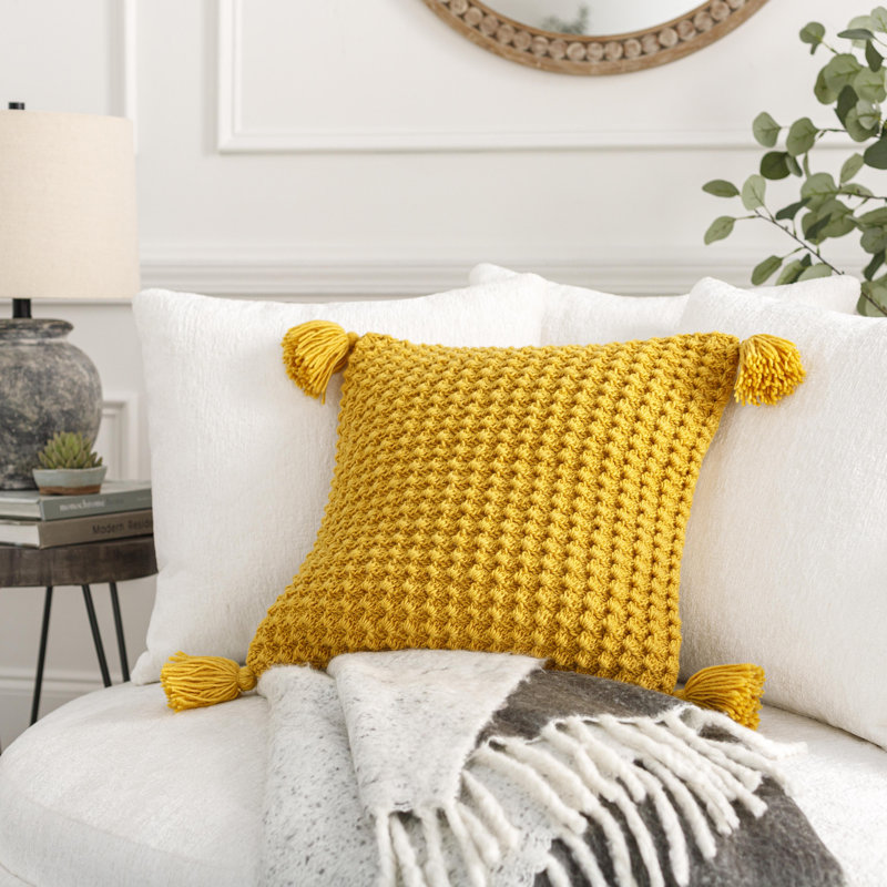 Makrome Wool Blend Reversible Pillow Cover, 18"H x 18"W, Yellow