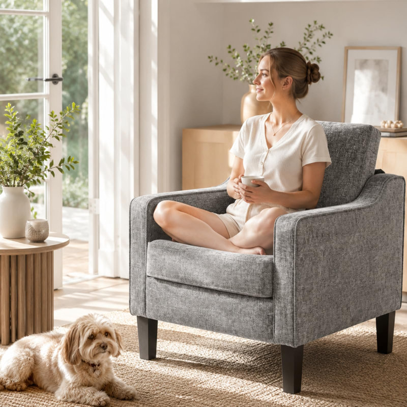 Upholstered Chenille Armchair, Dark Grey