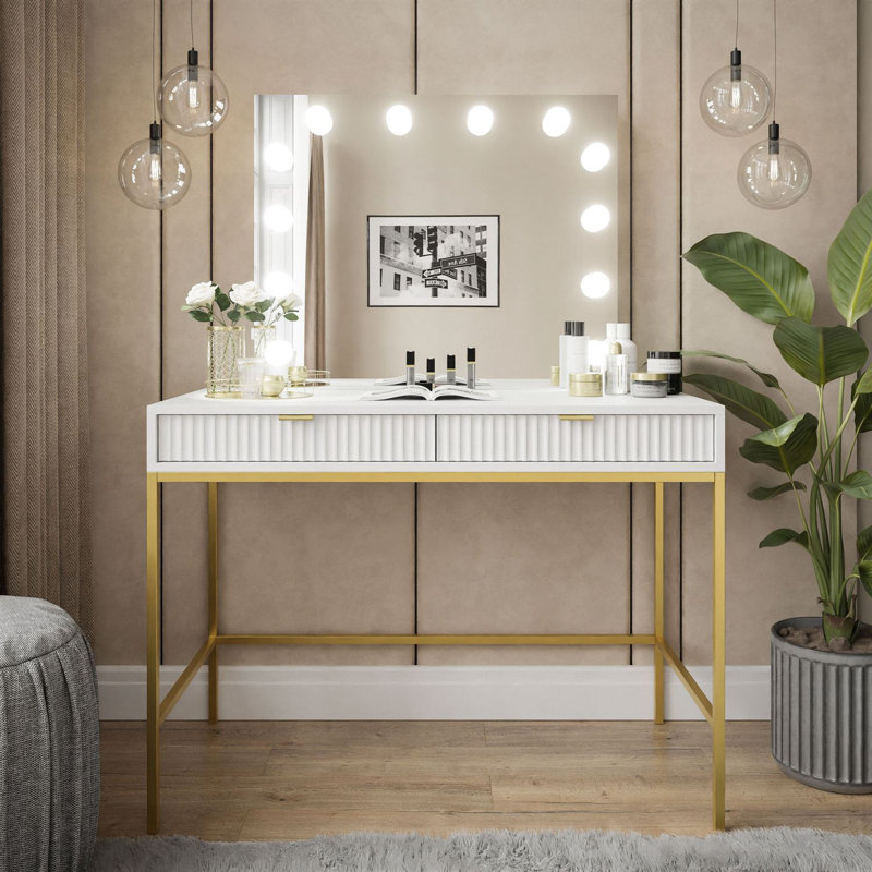 Anges Dressing Table with Mirror, White Matt/Gold