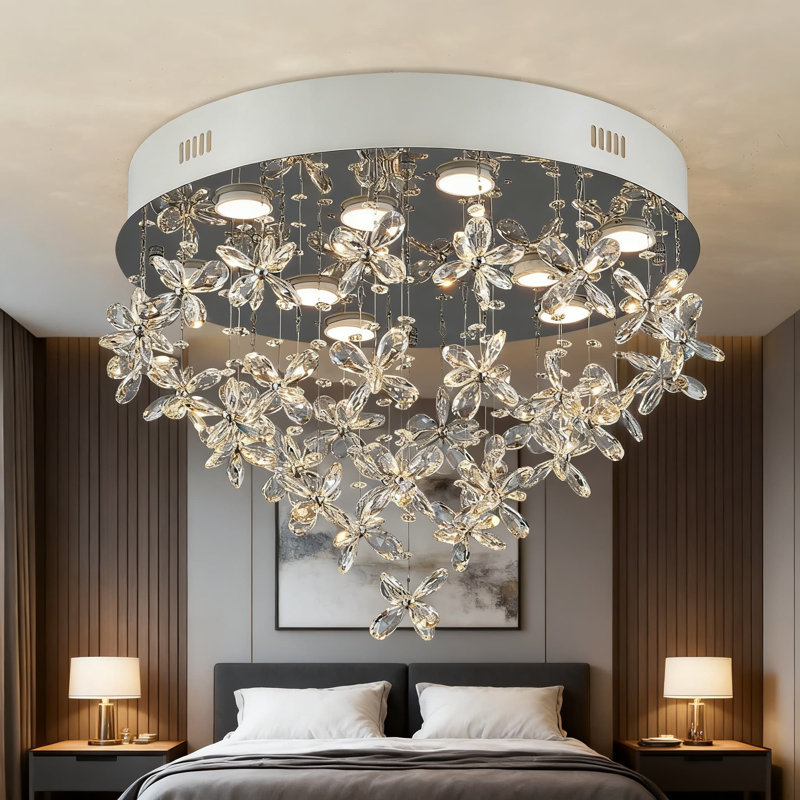9-Light Modern Crystal Chandelier Flush Mount Ceiling Light Fixture With K9 Crystals And GU10 Bulbs Included For Bedroom Dining Room Foyer Hallway