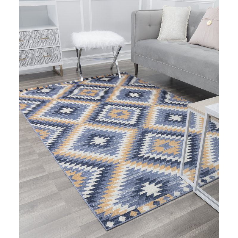 Heron Bodrum Tribal Kilim Denim Area Rug, Rectangle 8'9" x 12', Blue/Ivory/Navy/Orange