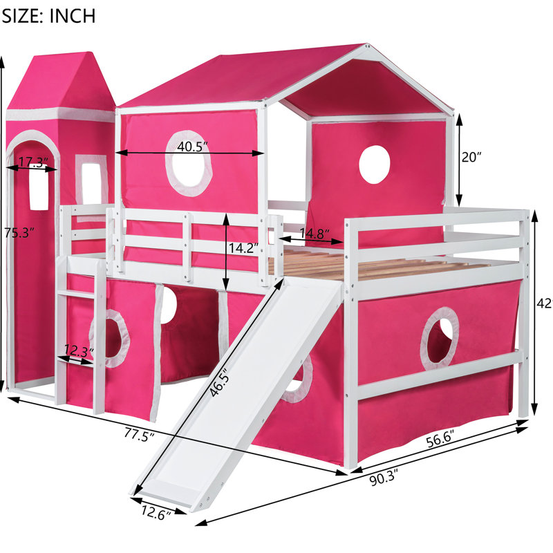 Lit mezzanine rose avec toboggan, tente et tour - Bois de pin massif, conception unique, semi-fermé sous l'espace en éléments de pin, jeu