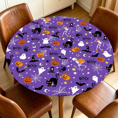 Nappe ronde Halloween - conception de toile de citrouille mauve, fantôme, chauve-souris et araignée, housse de table lavable à bord élastique pour la cuisine, la salle à manger, les fêtes et les décorations des Fêtes