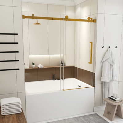 Porte de douche coulissante simple sans cadre de 56 à 60 po de largeur x 60 po de hauteur, verre trempé transparent de 1/4 po d'épaisseur, film antidéflagrant, rail tubulaire à poignée en acier inoxydable