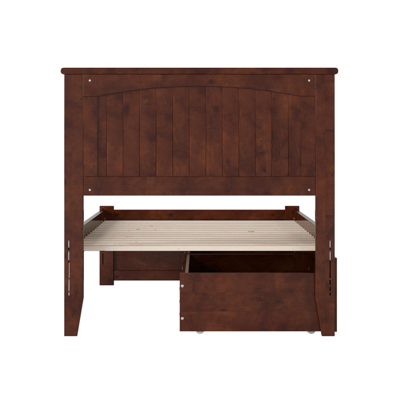 Nantucket Solid Wood Platform Bed with Panel Footboard and Storage Drawers, Walnut, Extra-long Twin