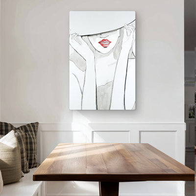 Woman with Big Hat - Red Figurative Metal Print | Home Decor