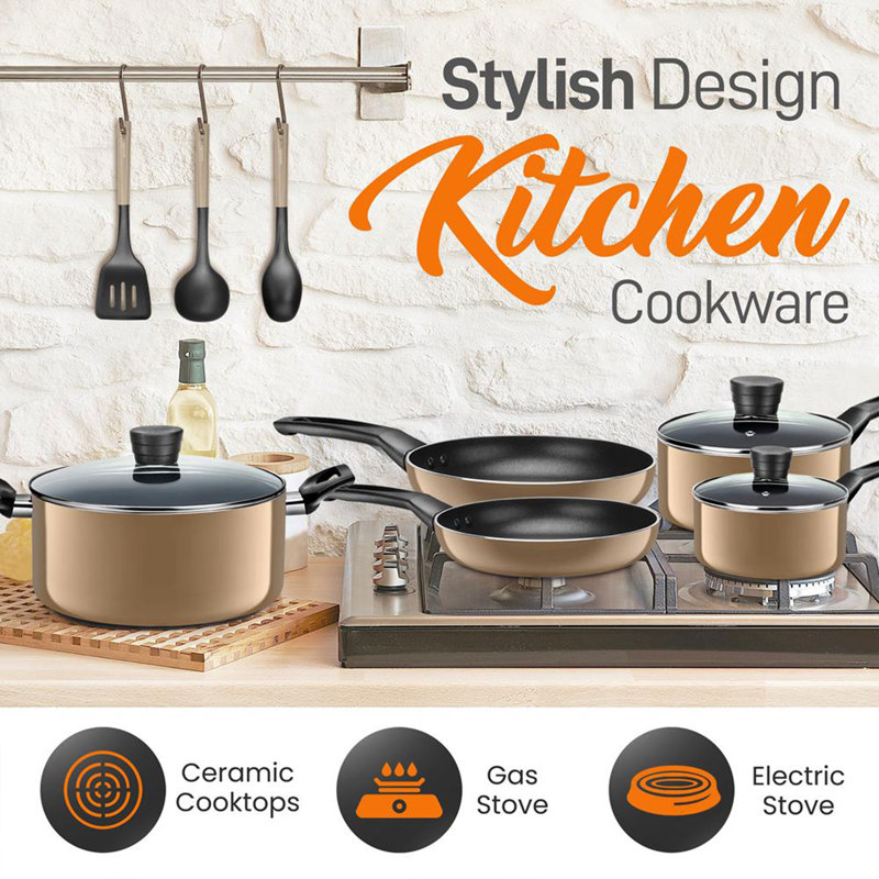 Gold Non-Stick Aluminum 11-Piece Cookware Set with Glass Lids