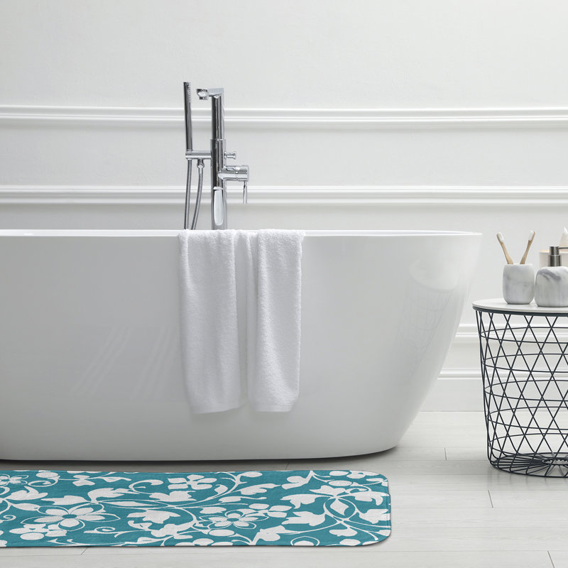 Tapis de bain floral, L 17 po x L 24 po, Sarcelle