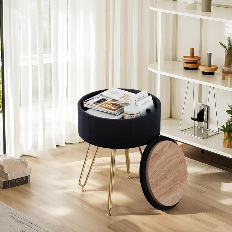 Round Storage Ottoman Vanity Stool Chair For Makeup Room,Bedroom,Living Room, Black