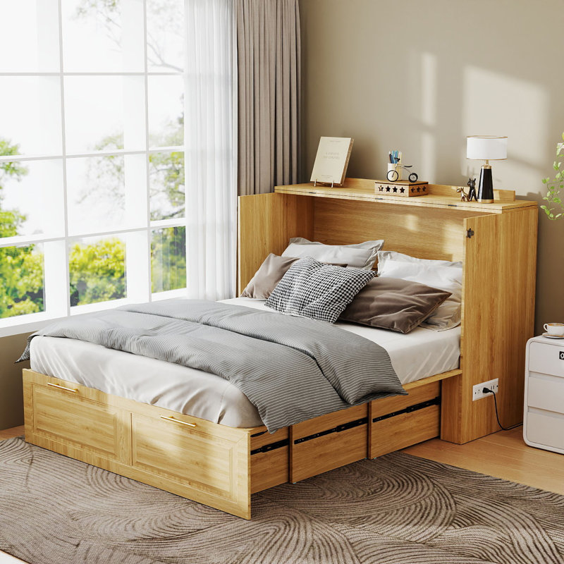 Full Size Storage Murphy Bed with Large Storage Drawer Home Office 0r Small Room, And Built-In Charger, Modern Murphy Bed