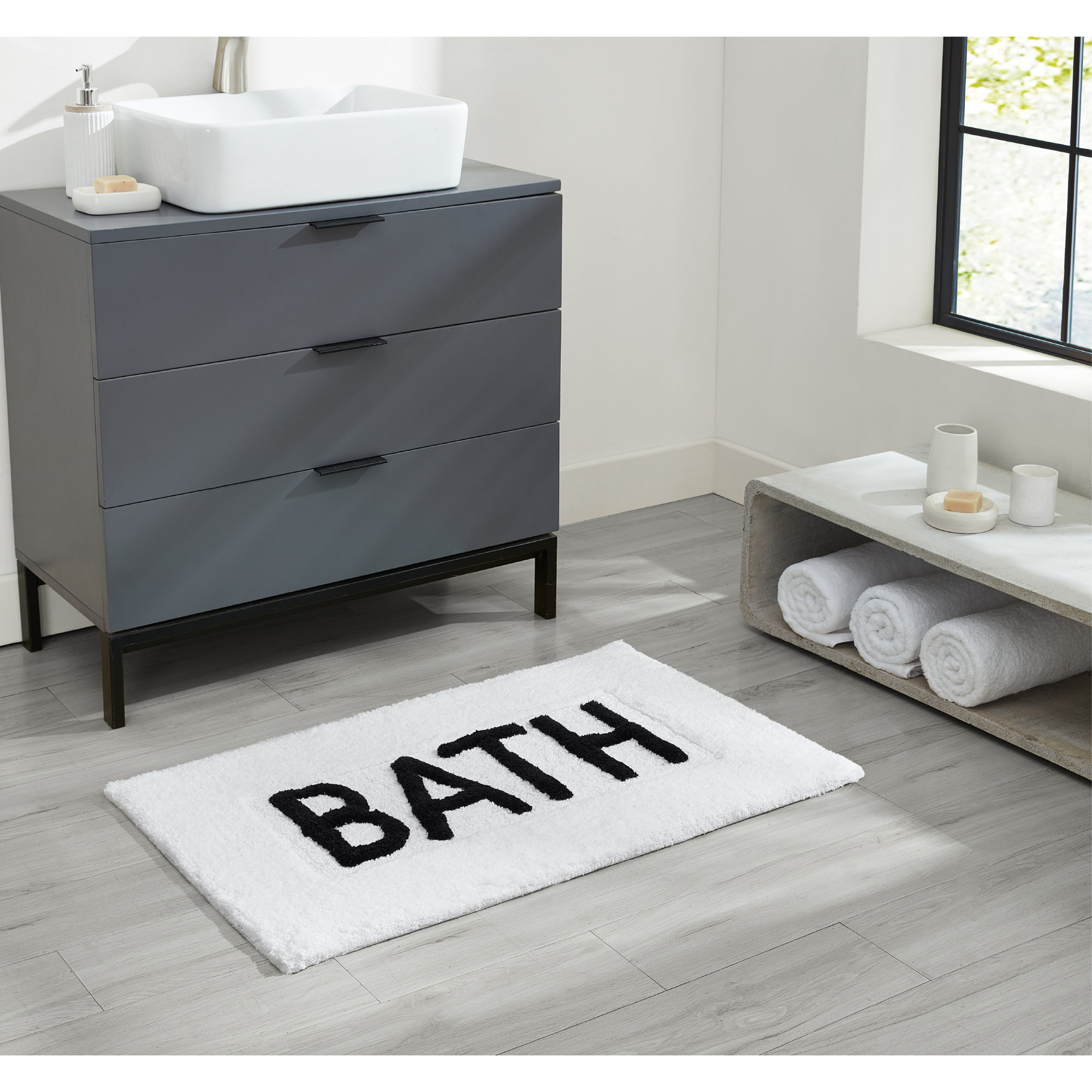 Cotton Blend Non-Slip Bath Rug, White