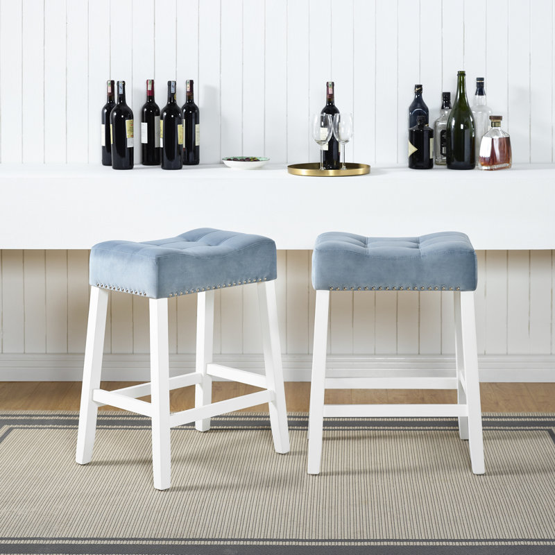 Tabourets de comptoir 2, siège de selle en velours, bleu, 2 tabourets décoratifs blanchis, sièges bleus, attrait blanc délavé