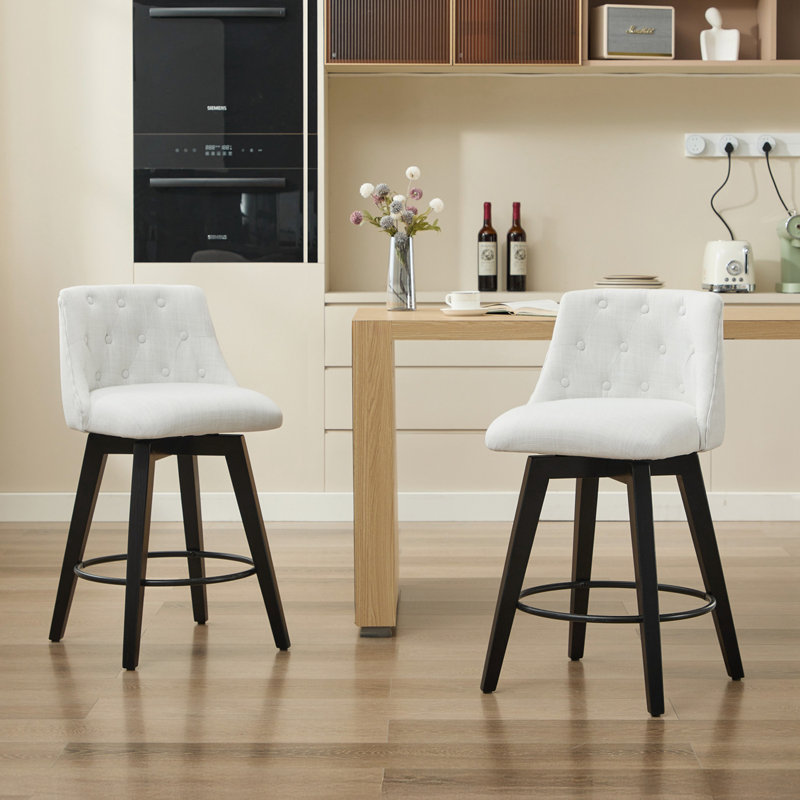 Set of 2 Swivel Linen Upholstered Bar Stools with Tufted Backrest, White