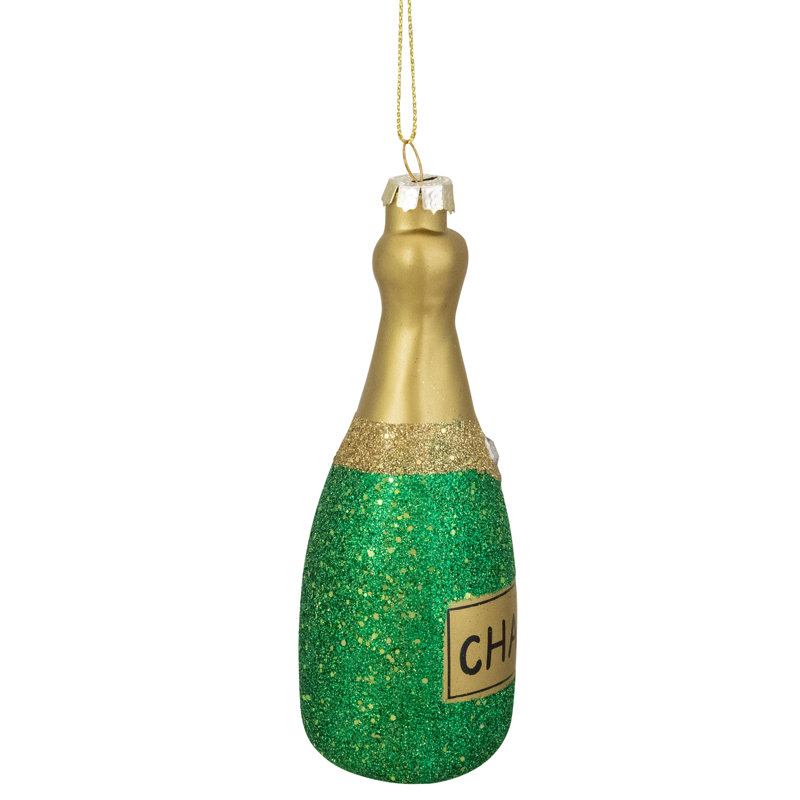 Ornement de Noël bouteille de champagne en verre doré et vert 5 po