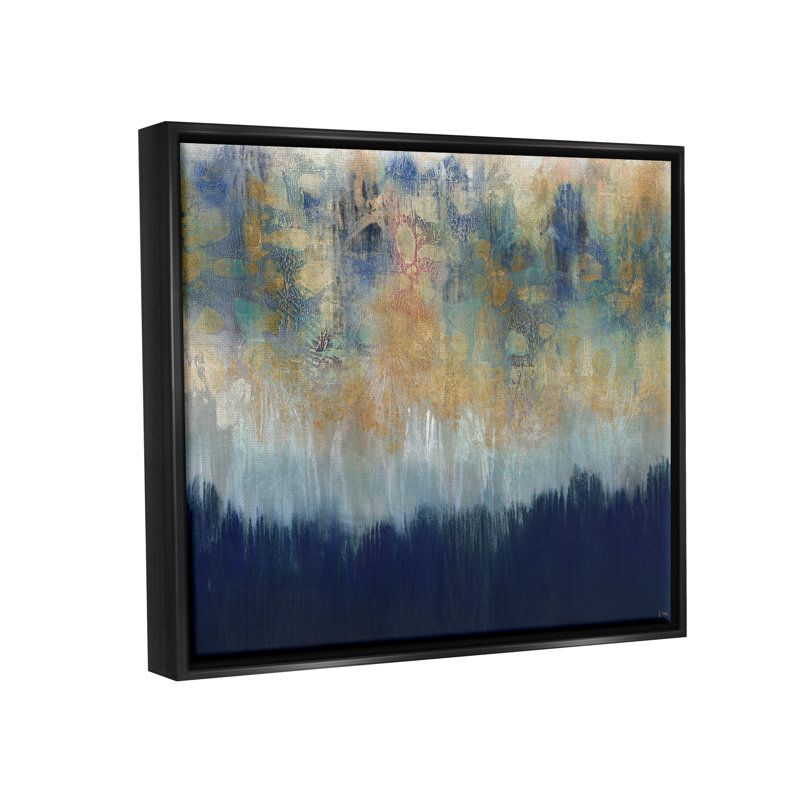 Abstrait, art texturé sur toile bleu doré, Cadre flottant noir de jais, H 17 po x l 21 po x P 1,7 po