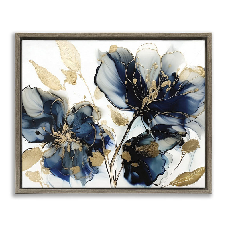 Fleurs bleues tourbillonnantes modernes, H 17 po x l 21 po, Cadre flottant orme Montalcino