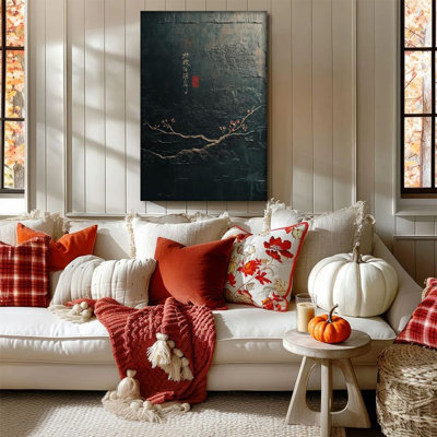 1 piece framed Almaraz painting - withered branches and red leaves, oriental calligraphy, freehand ink style. Decorative vintage wall poster for home decor, modern artwork perfect for bedrooms and living rooms