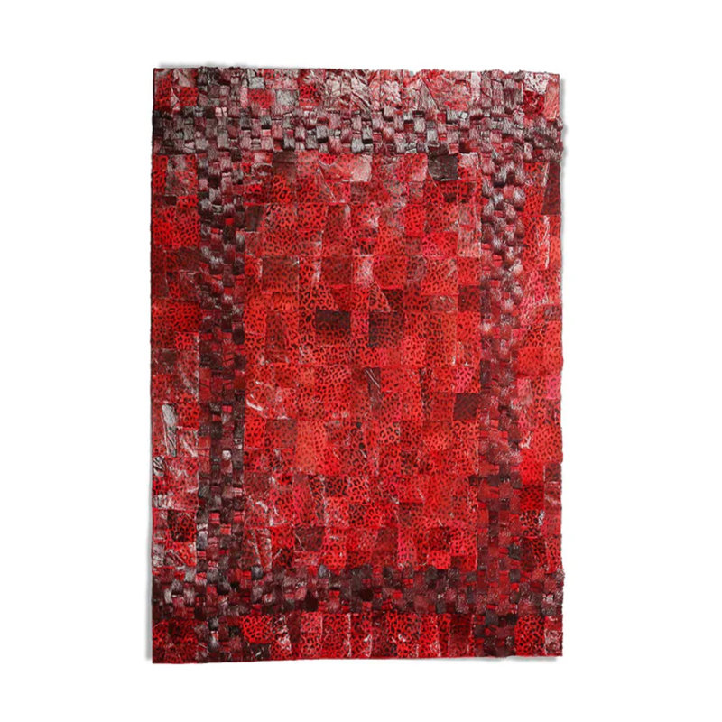 Red Leopard Print Leather Patchwork Rug With Bold Animal Design For Rustic Style & Luxe Statement