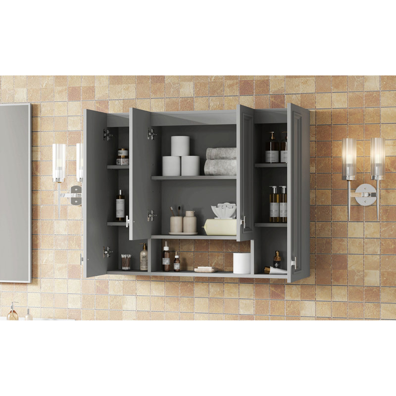 Armoire à pharmacie murale moderne avec 5 tablettes réglables et charnière à fermeture en douceur pour la salle de bain, Gray