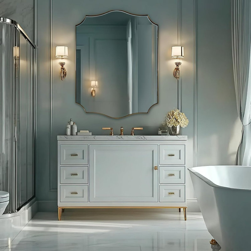 Anayalee Traditional Scalloped Rectangle Bathroom Vanity Mirror | Stainless Steel Frame, Brushed Gold, 40" x 30"