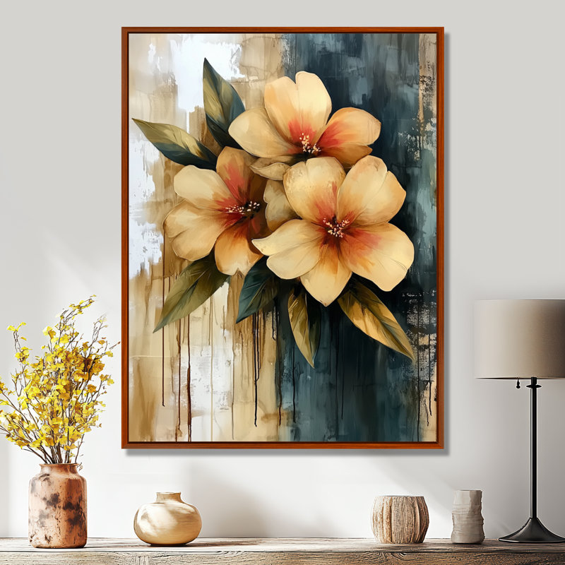 «Vibrant Countryside Flowers Bouquet», art mural fleurs, H 32 po x l 16 po, Reproduction avec cadre flottant, Brun