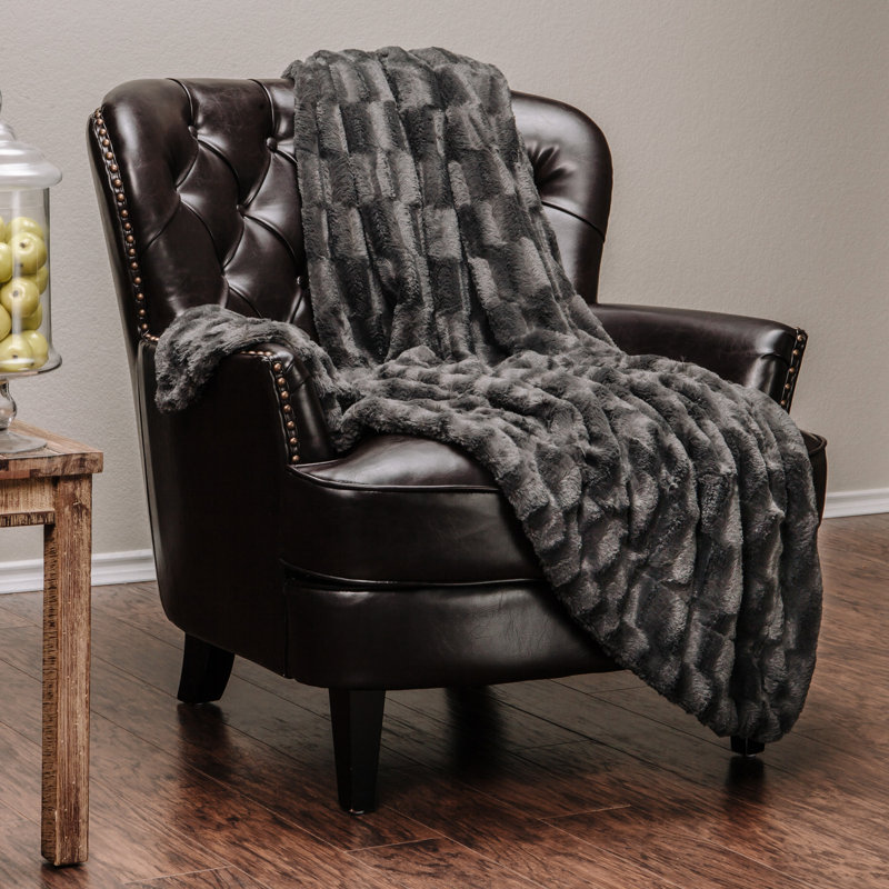 Jeté de lit en fausse fourrure, Gris foncé, L 90 po x L 108 po