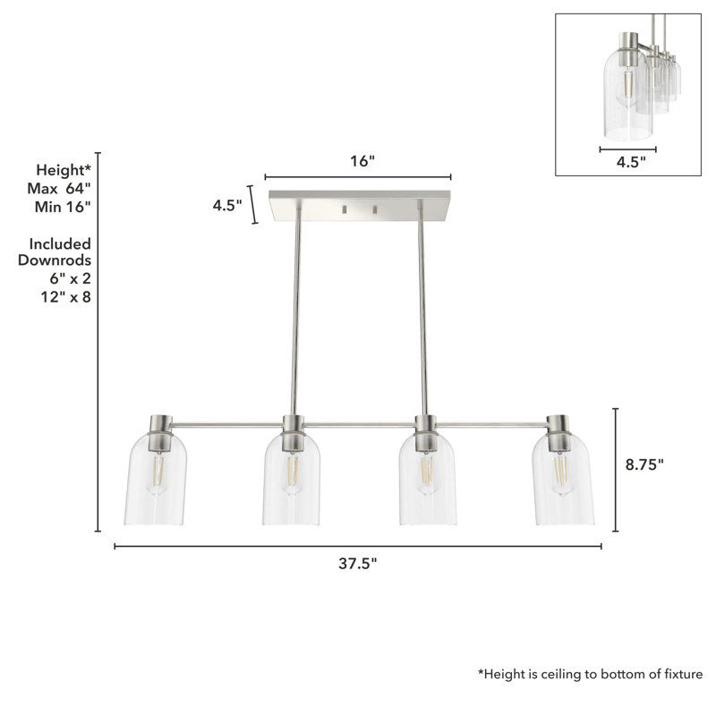 Luminaire suspendu cylindrique linéaire 4 lumières Lochemeade, Transparent, Nickel brossé