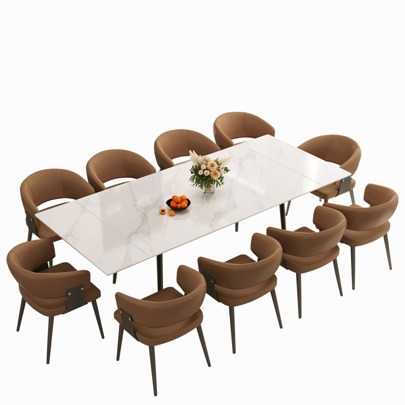 Ensemble de table et de salle à manger extensible en pierre frittée blanche, 11 pièces: table, 10 chaises, Brun