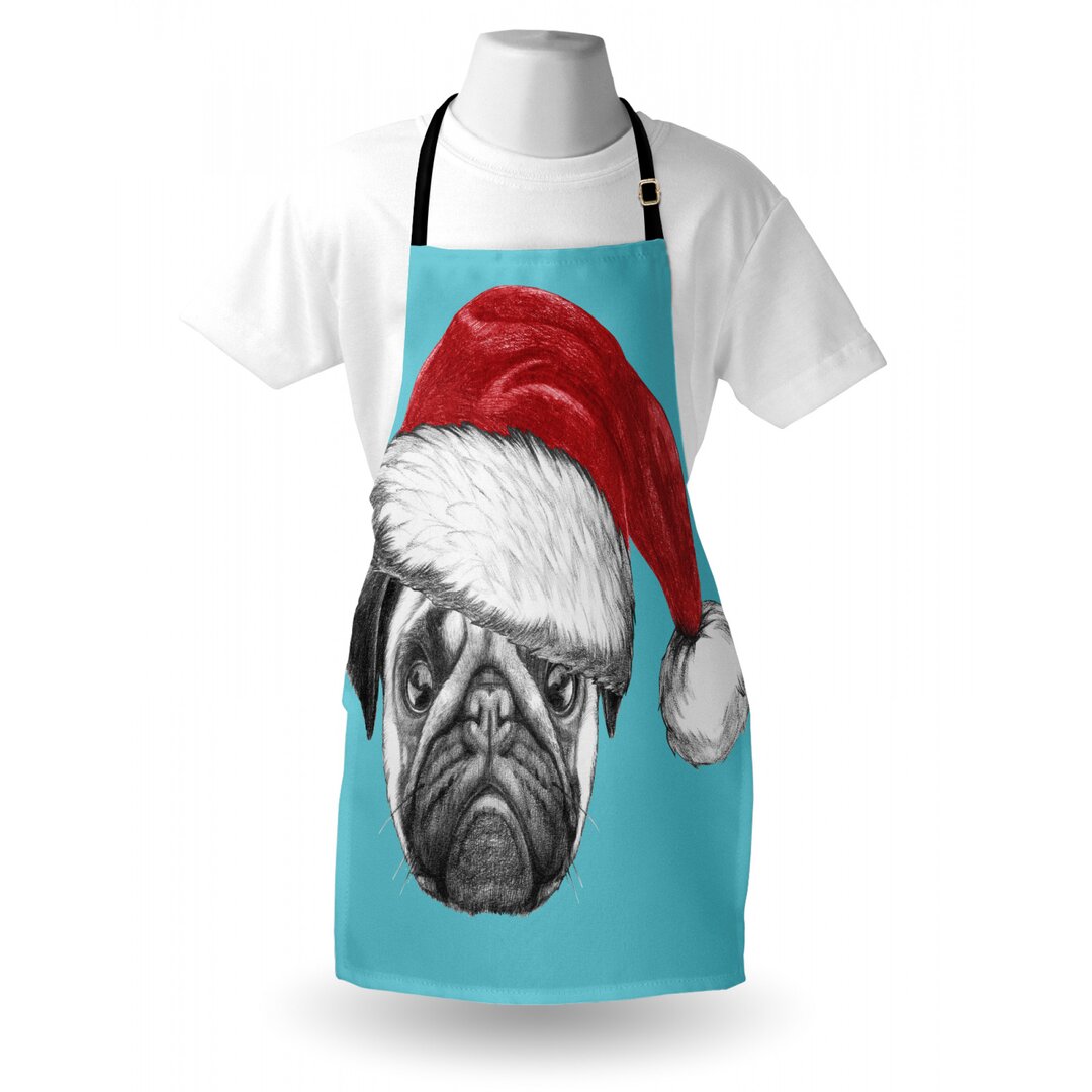 Kochschürze, Hund mit Weihnachtsmütze X-Mas, Mops, Grau Blau Rubin