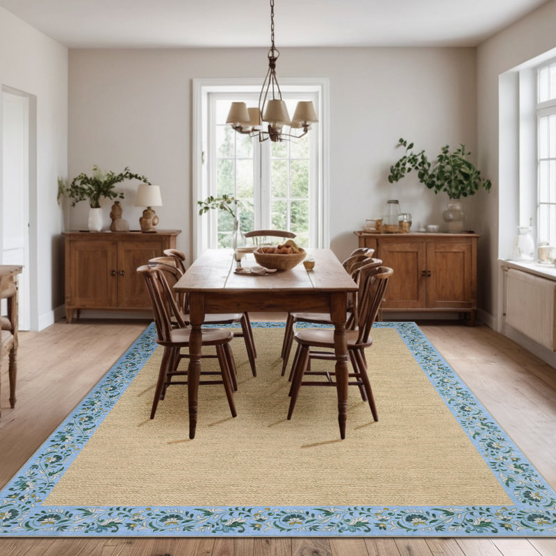 Tapis traditionnel à bordure avec envers antidérapant, Bleu, 9 x 12 pi