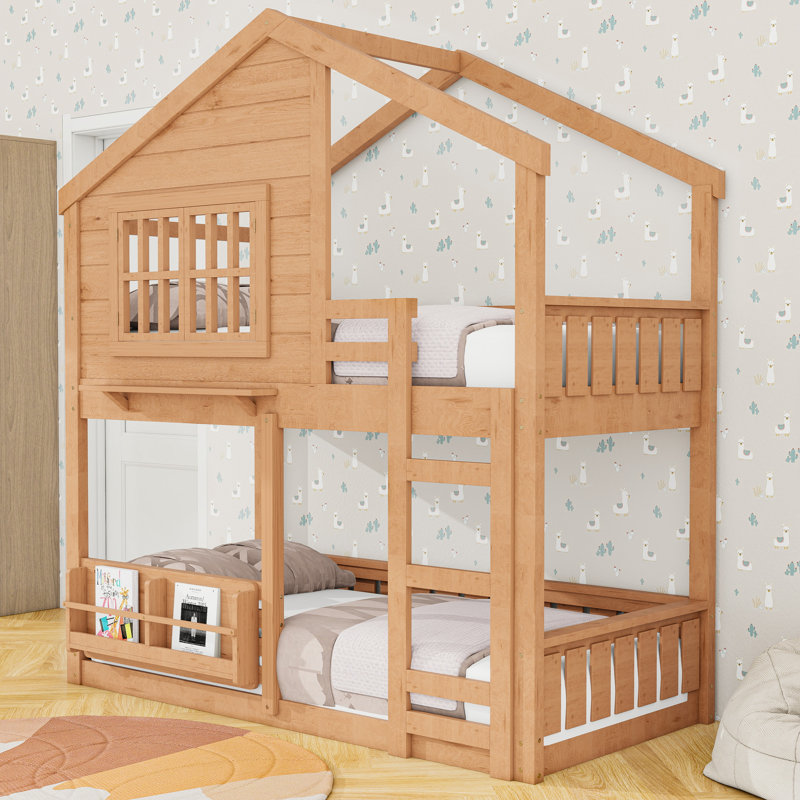 Wooden House-Shaped Bunk Bed With Window And Shelf, Twin Over Twin, Natural
