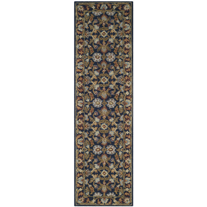 Tapis oriental bleu marine en laine touffeté à la main Ferrera, Tapis de couloir 2 pi 3 po x 12 pi